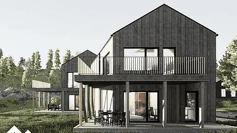 Trehus med balkong, store vinduer og uteplass som gir et moderne og naturlig uttrykk.