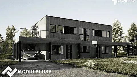 Moderne bolig med flatt tak, carport og store vindusflater i stilrent og minimalistisk design.
