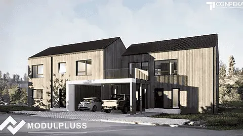 Moderne enebolig med trekledning, carport og romslige vinduer i et helhetlig design.